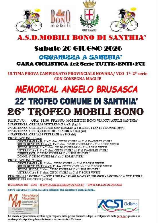 Strada - Sabato 20 Giugno 2026 - Santhià - Campionato Provinciale di 1° e 2° Serie - CONSEGNA MAGLIE